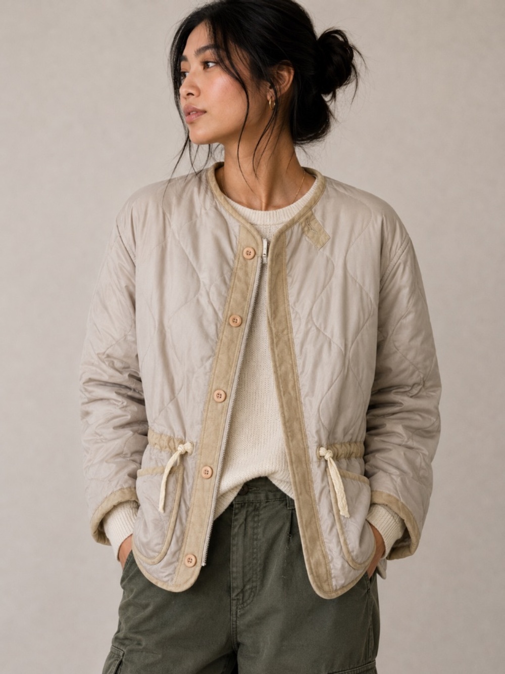 Oak + Fort Quilted Jacket Beige Zip Up Drawstring OS/TU